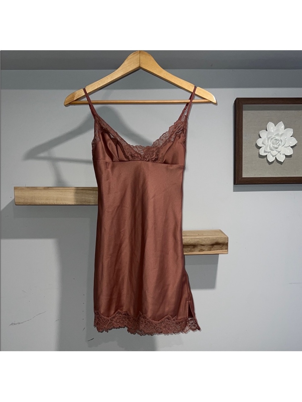 House of CB Satin Lace-Trim Slip Dress - Clay